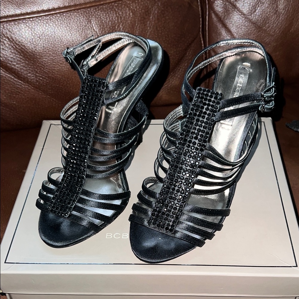 BCBGeneration Black Crystal T-Strap Strappy Heels